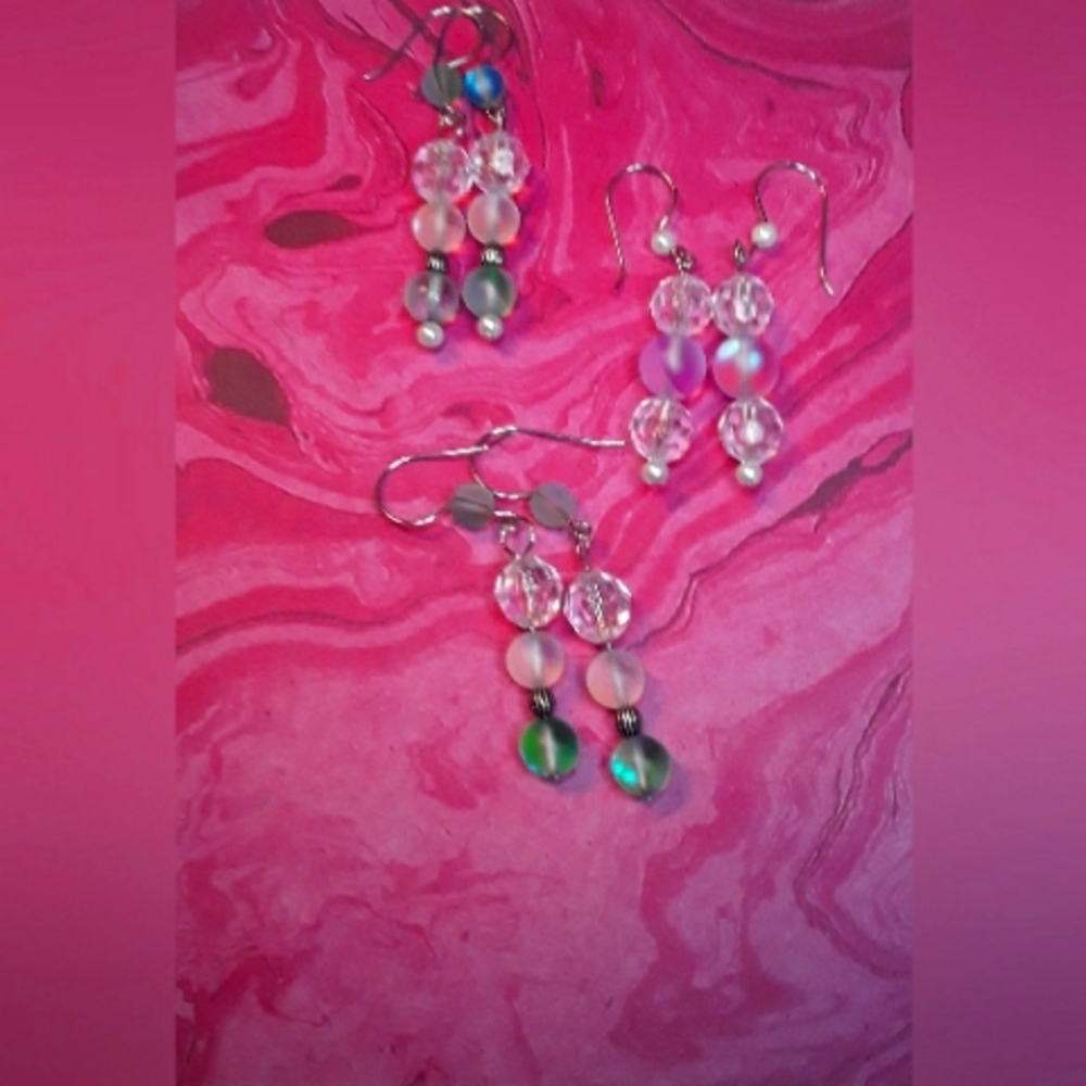Set of Dangle Long Earrings Clear,Green and Pink Lot of 3, Earrings ♡